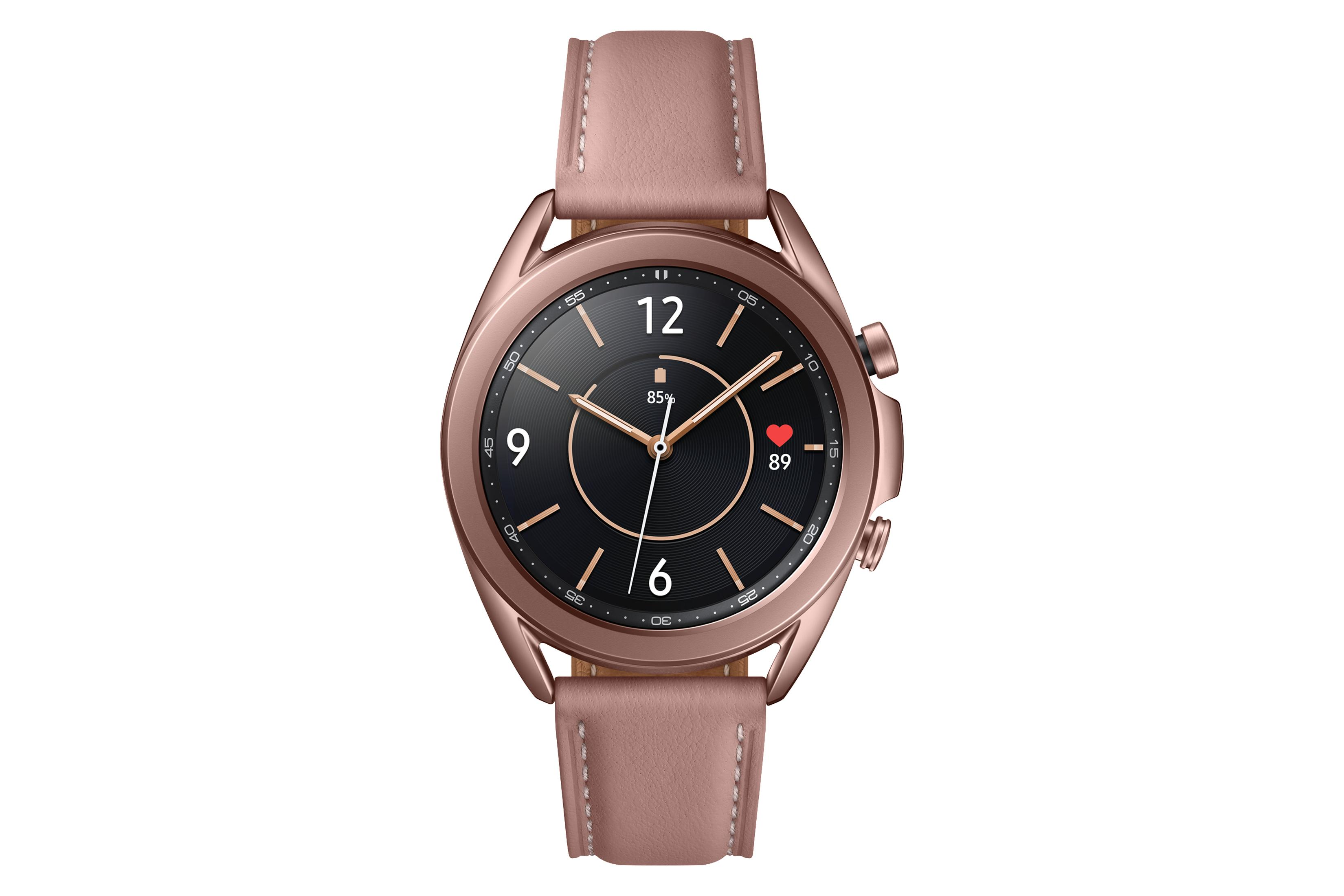 Smartwatch oro rosa con esfera negra, mostrando hora, frecuencia cardíaca y batería.