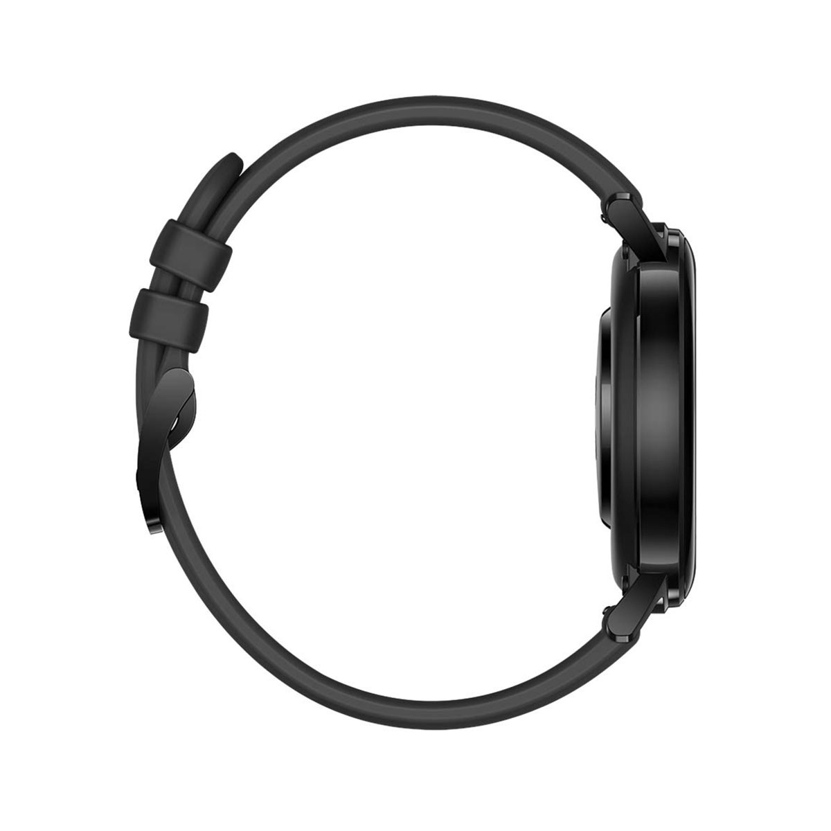 Eine schwarze Smartwatch mit schwarzem Armband, von der Seite betrachtet, auf weißem Hintergrund.