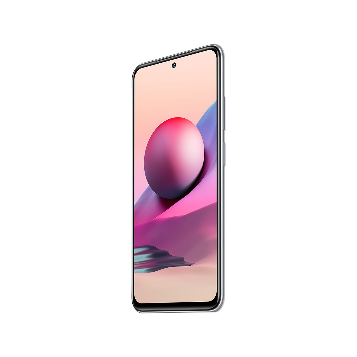 Smartfon z kolorowym ekranem wyświetlającym różową kulę na fioletowym tle. Białe tło.