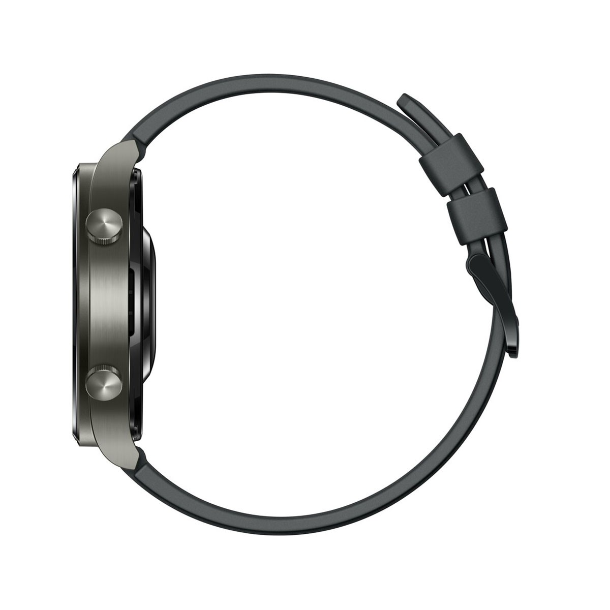 Seitenansicht einer dunkelgrauen Smartwatch mit dunkelgrauem Armband.