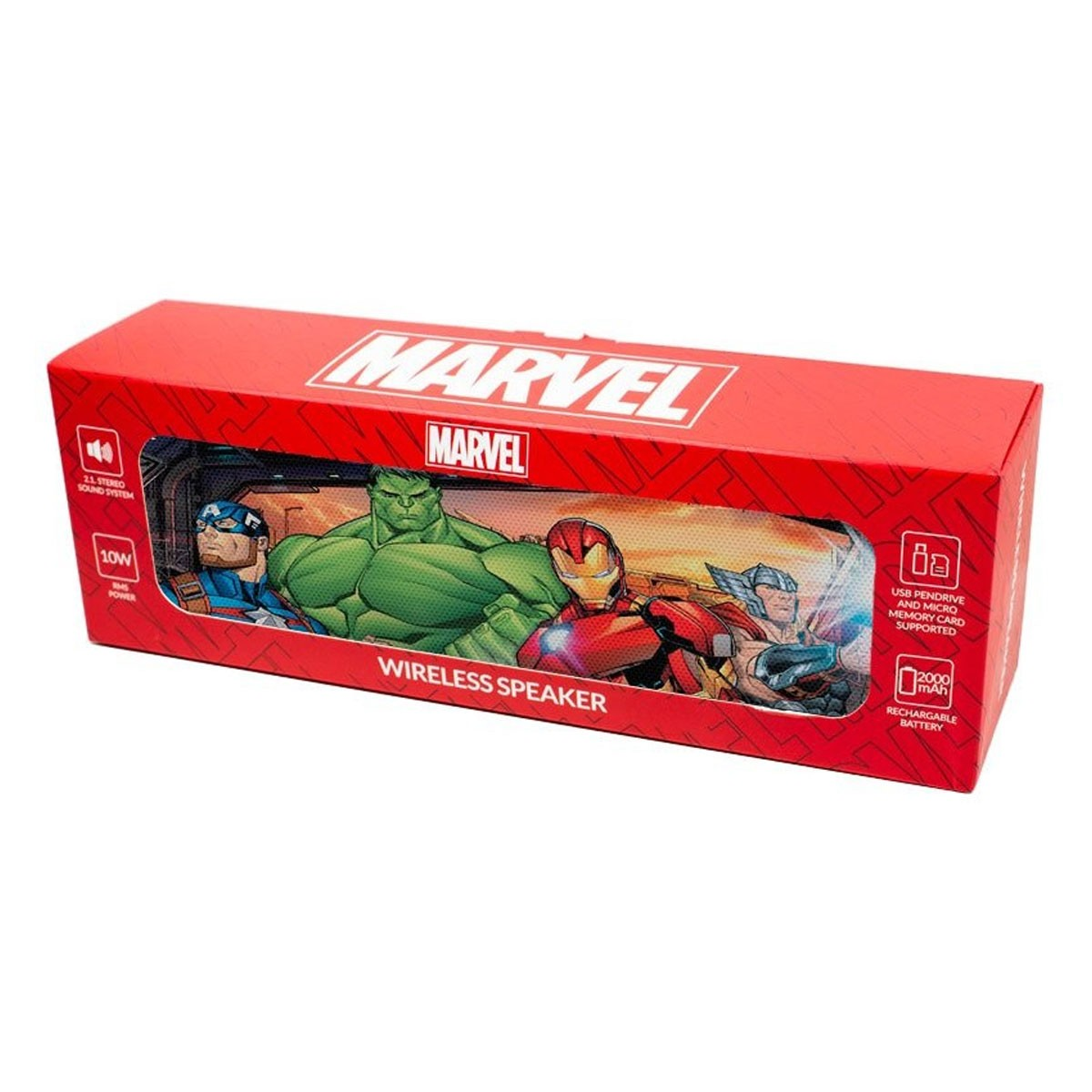 Caja roja con ilustración de héroes Marvel. Se ve el texto 'Wireless Speaker'.