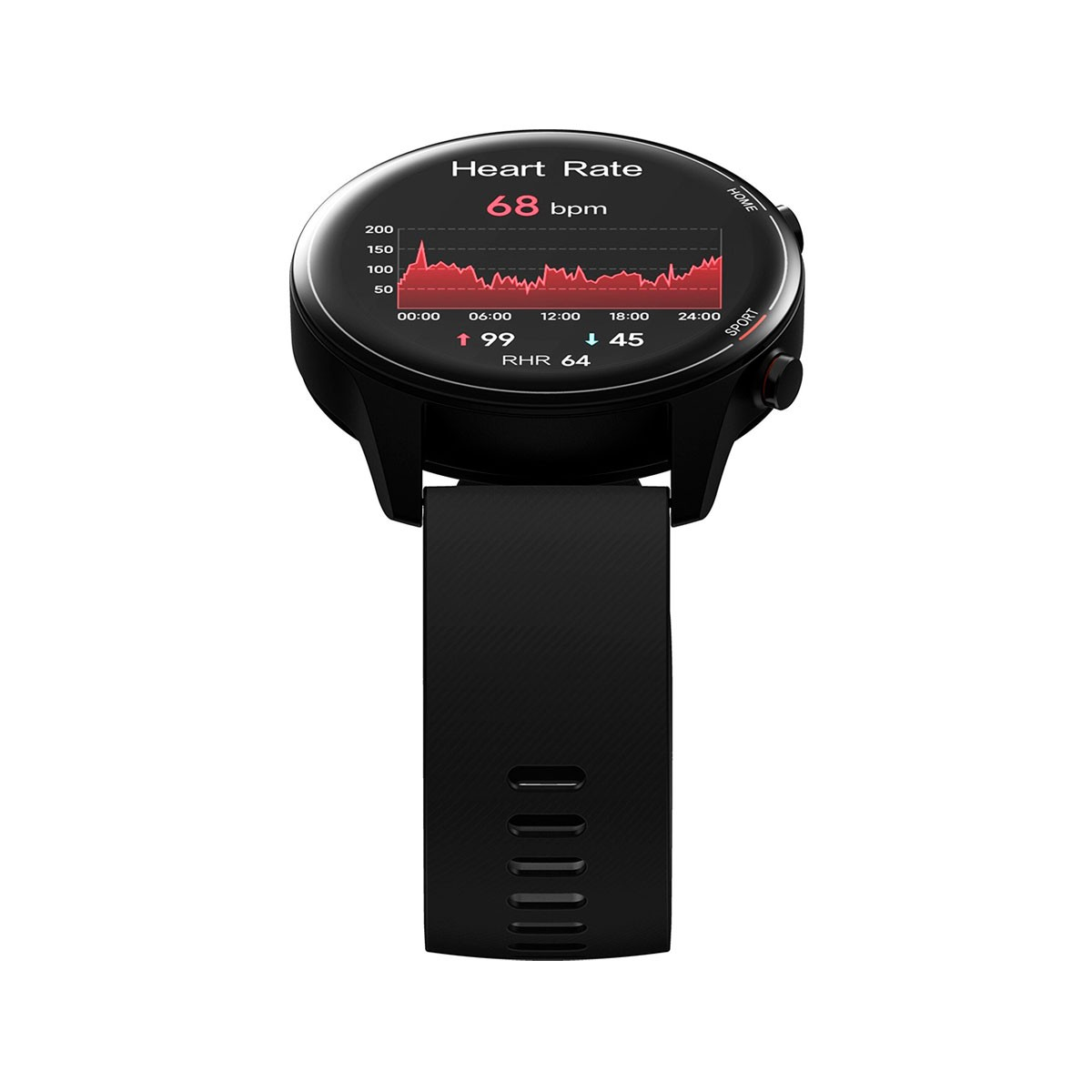 Schwarze Smartwatch mit Herzfrequenzanzeige, schwarzes Armband, isoliert auf weißem Hintergrund.