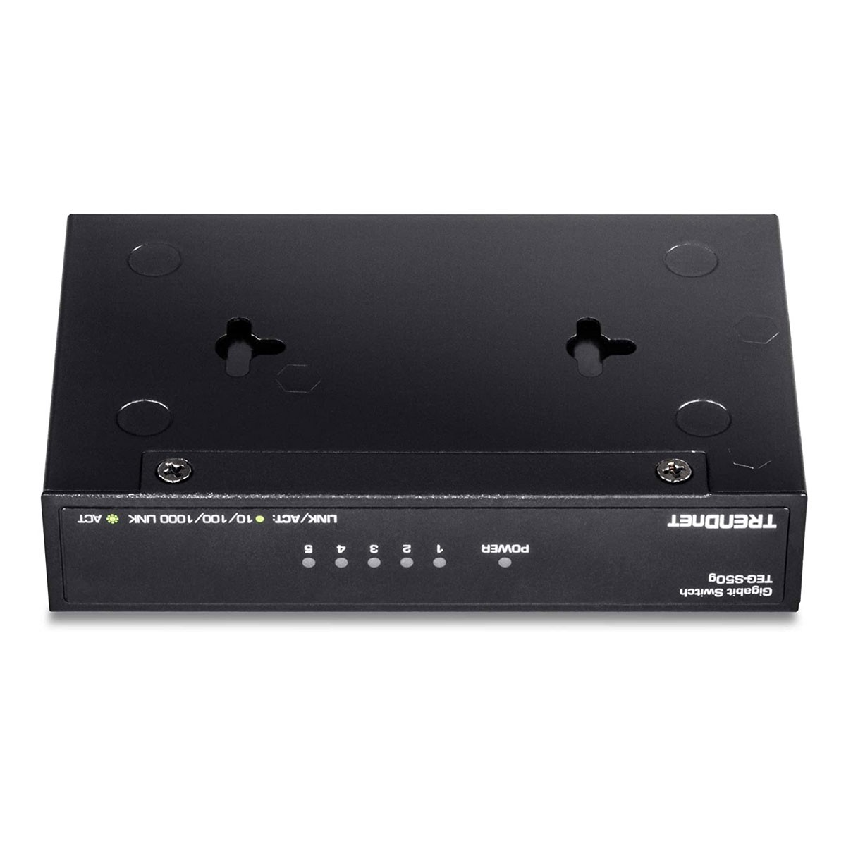 Schwarzer TRENDnet-Netzwerk-Switch. Strom- und Aktivitätsleuchten sind sichtbar.