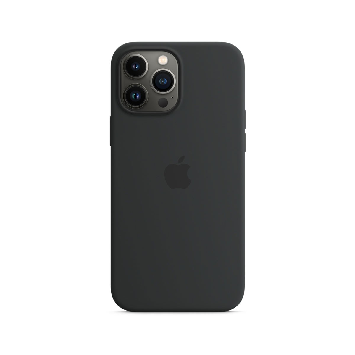 Zwarte iPhone met beschermhoes. Drie camera's en Apple logo zijn zichtbaar. Witte achtergrond.