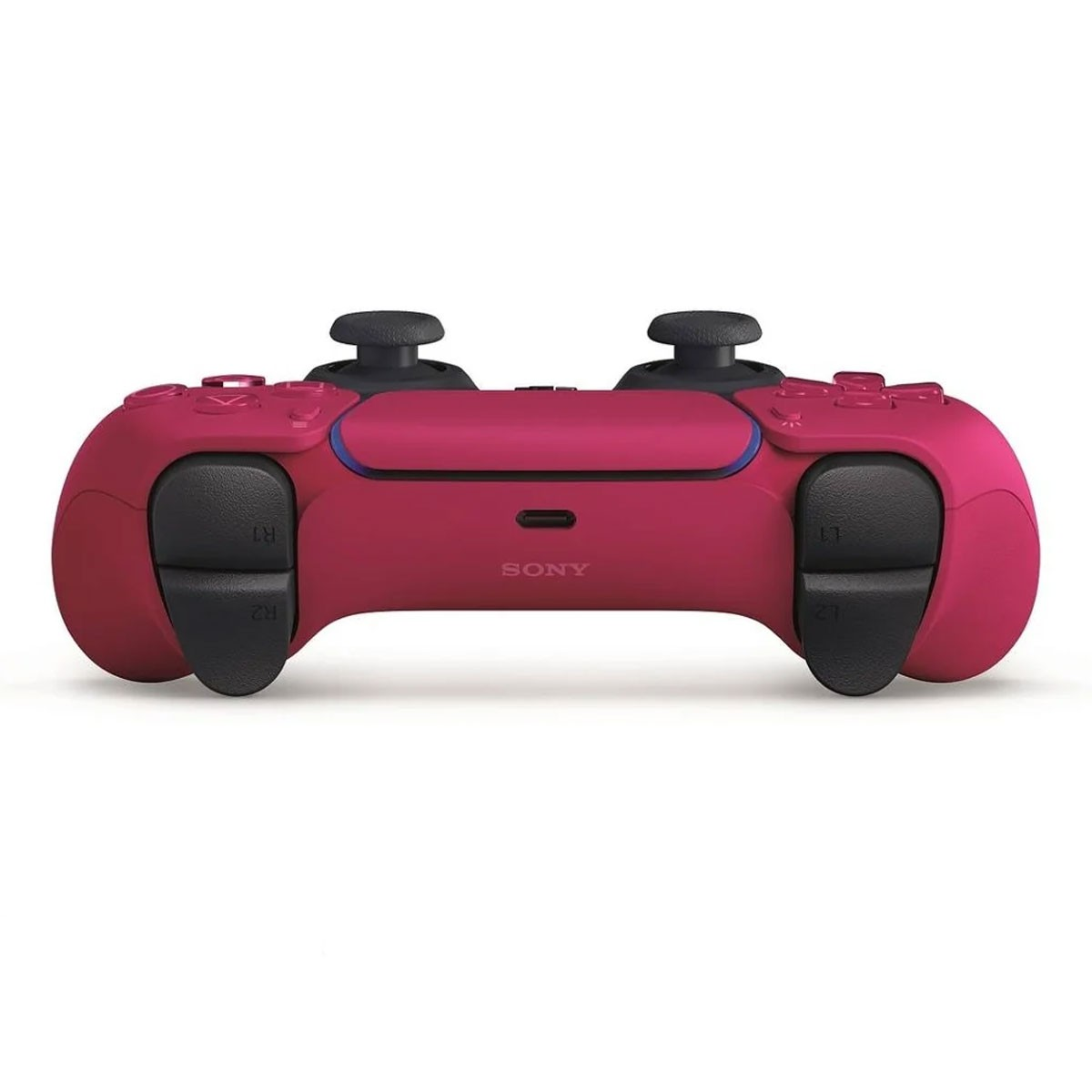 Widok z tyłu czerwonego kontrolera Sony PlayStation 5. Ma czarne joysticki i przyciski.