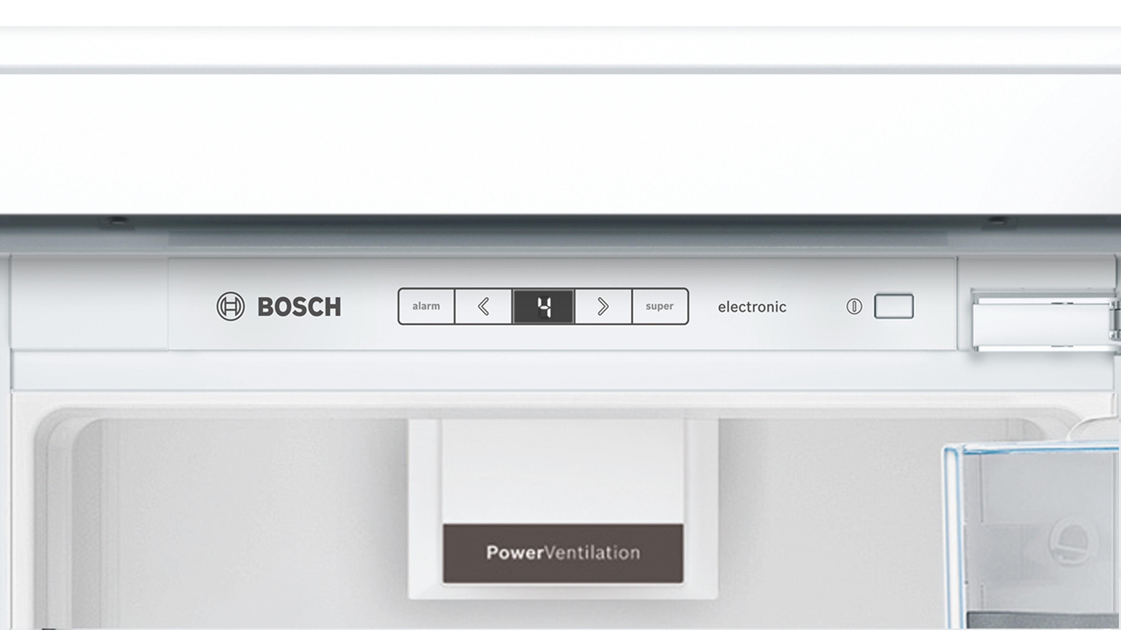Close-up of a Bosch refrigerator control panel. Displays temperature and settings.