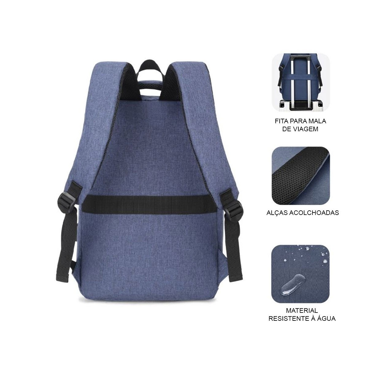Una mochila azul con múltiples compartimentos y correas. Las etiquetas de texto son visibles en el lateral.