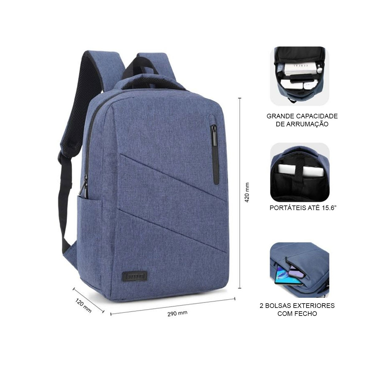 Mochila azul con dimensiones. Textos: Gran capacidad de almacenamiento y Portátiles hasta 15.6".