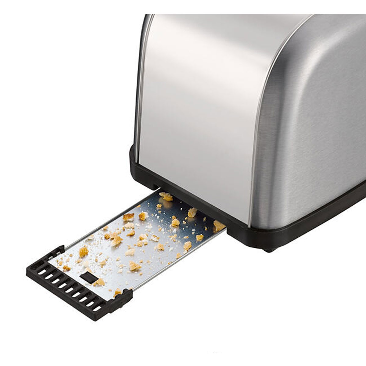 Toaster mit offenem Krümelbehälter. Edelstahl mit schwarzem Behälter und Brotkrümeln.