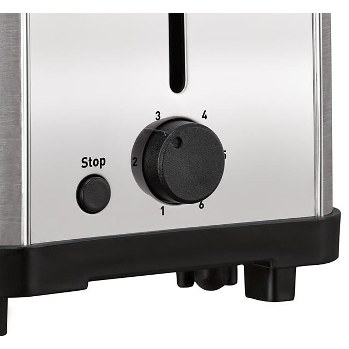 Nahaufnahme eines Toasters. Das Ziffernblatt zeigt die Zahl 2. Stopp-Taste ist sichtbar.