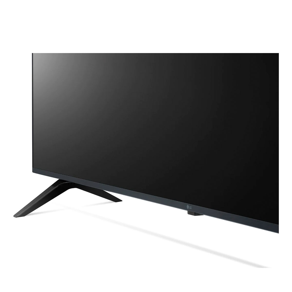 Czarny telewizor z podstawą. Ekran jest czarny. Podstawa jest czarna i kątowa.