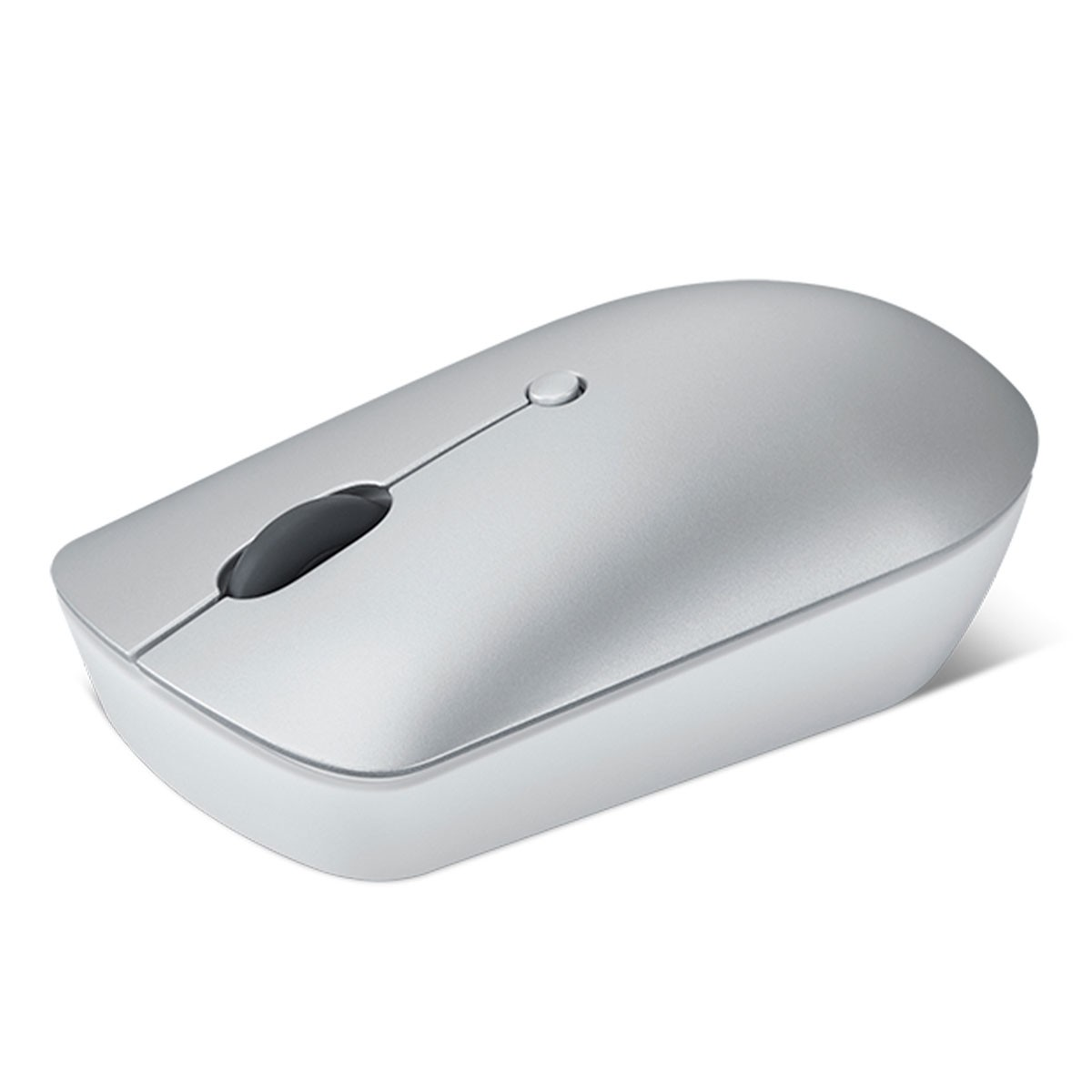 Srebrna mysz komputerowa. Ma owalny kształt z czarnym kółkiem przewijania i jednym przyciskiem.