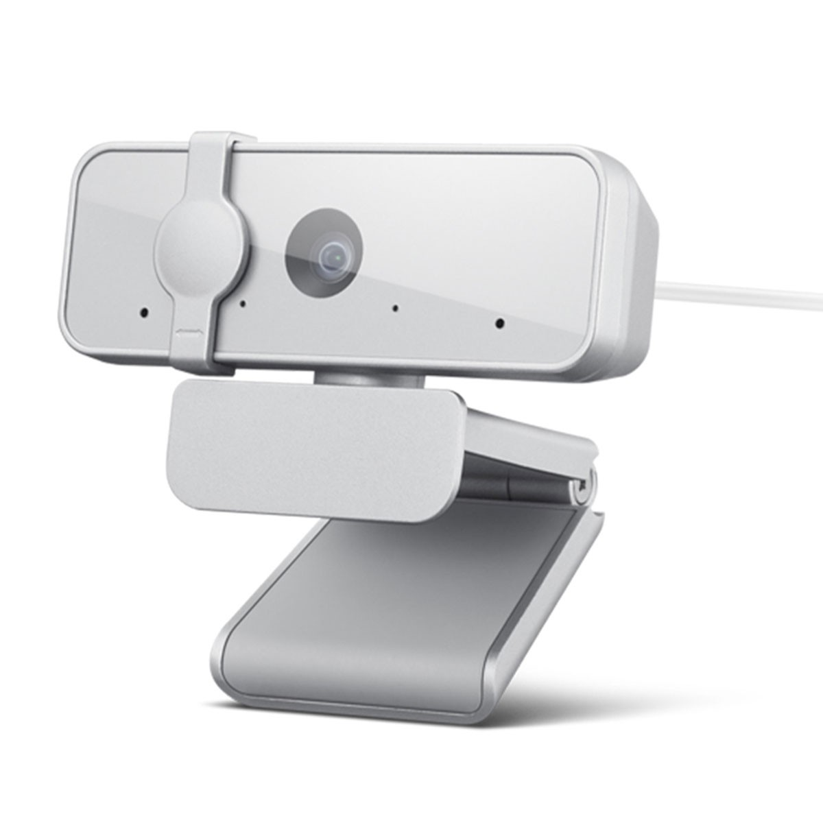Una webcam bianca con supporto argentato. Ha una lente e due piccoli fori sulla parte anteriore.
