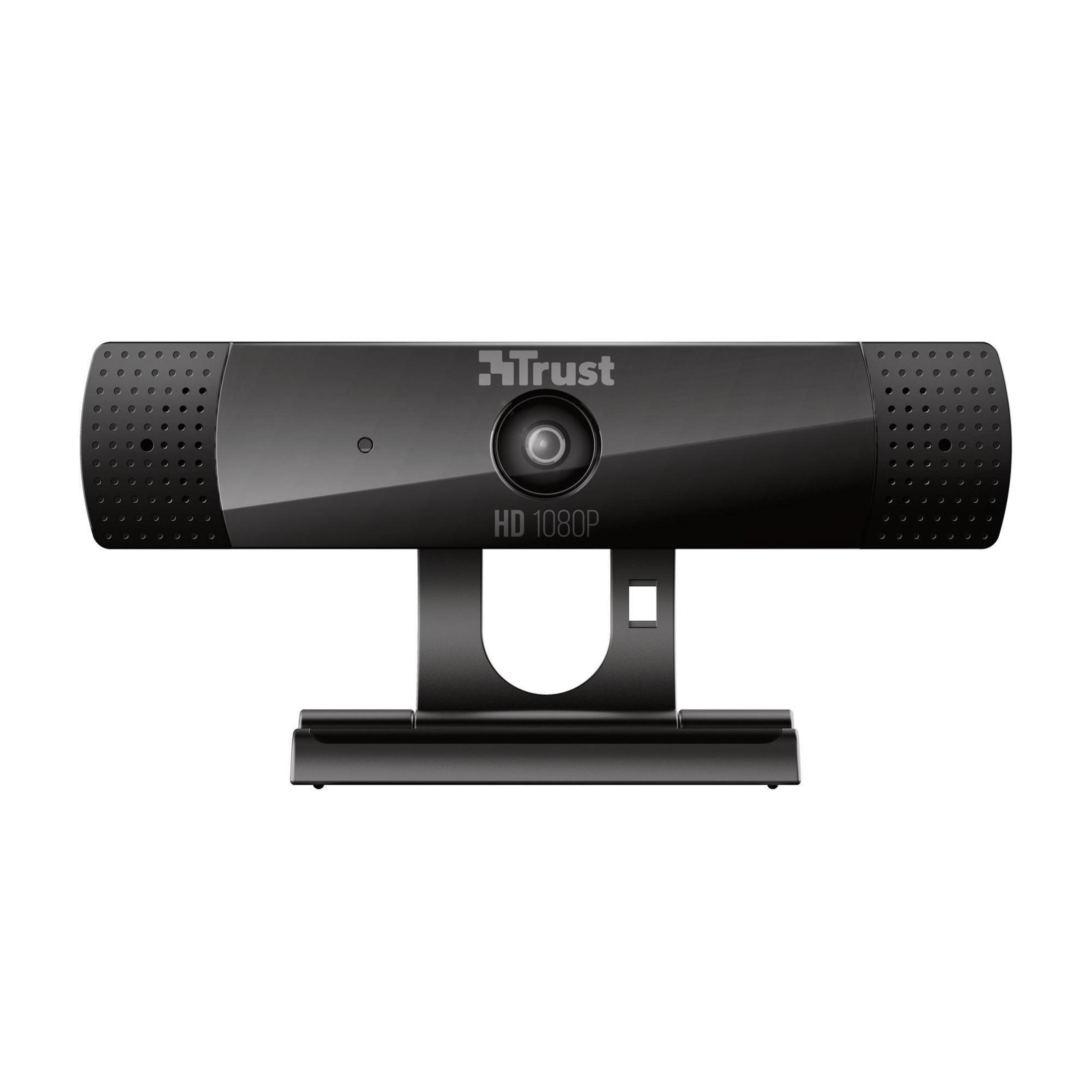 Kamera internetowa Trust HD 1080P na stojaku. Czarny kolor, z centralnym obiektywem.