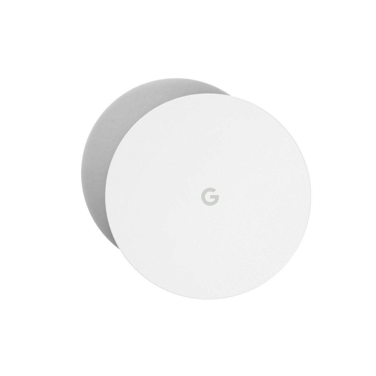 Dispositivo circular blanco con tapa gris. Logotipo 'G' centrado en la superficie.