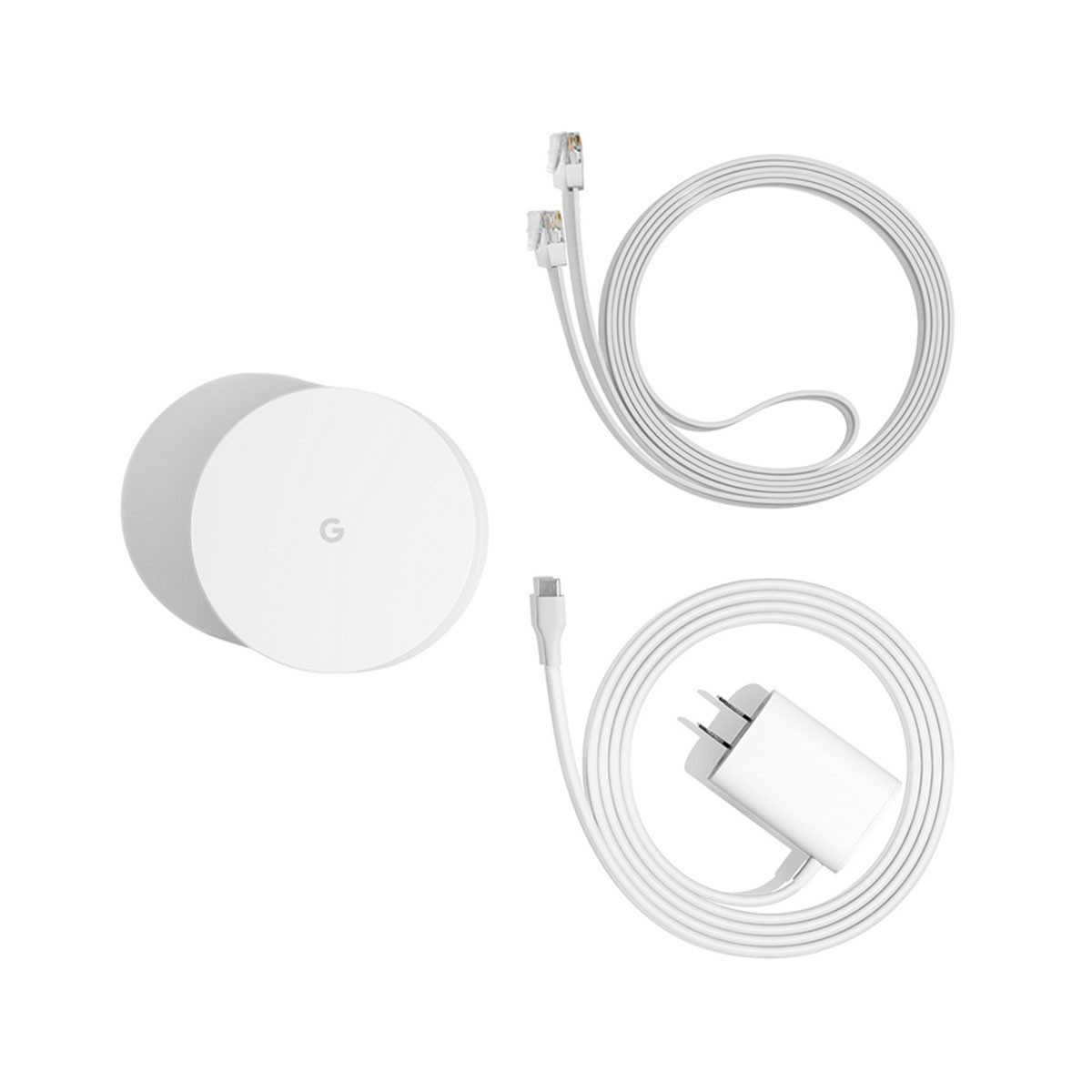 Dispositivo Google Home blanco con cables y cargador.