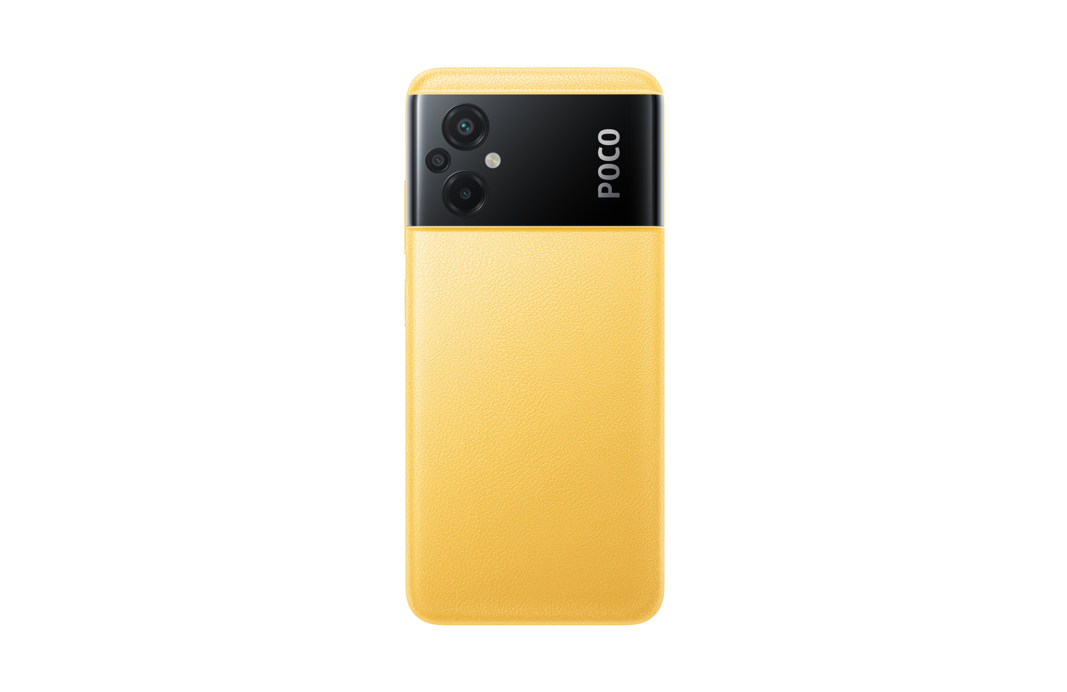 Il retro di uno smartphone giallo con modulo fotocamera nero e la scritta POCO.