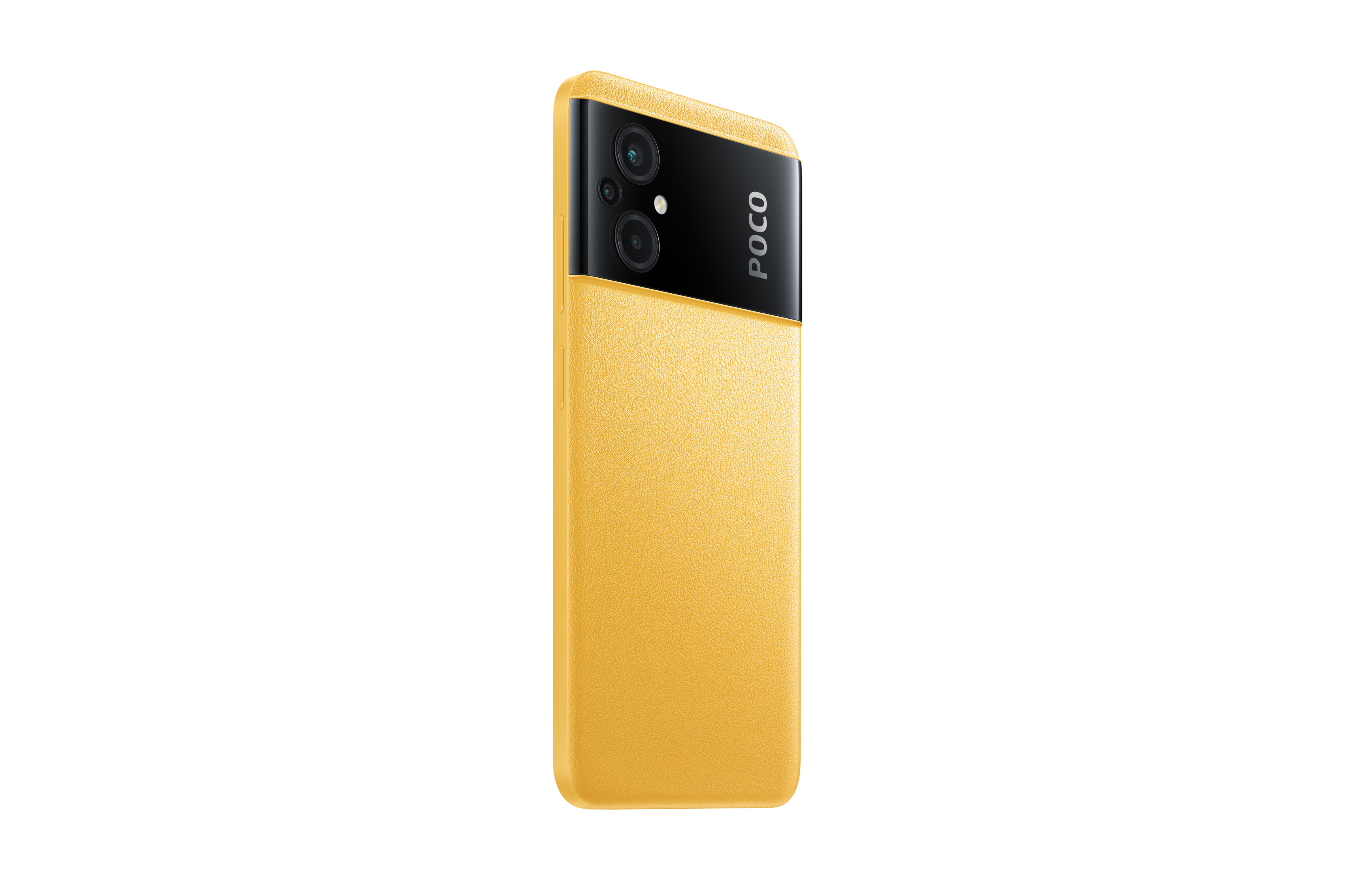 Un telefono giallo su sfondo bianco. Il telefono ha un pannello fotocamera nero e un logo POCO.