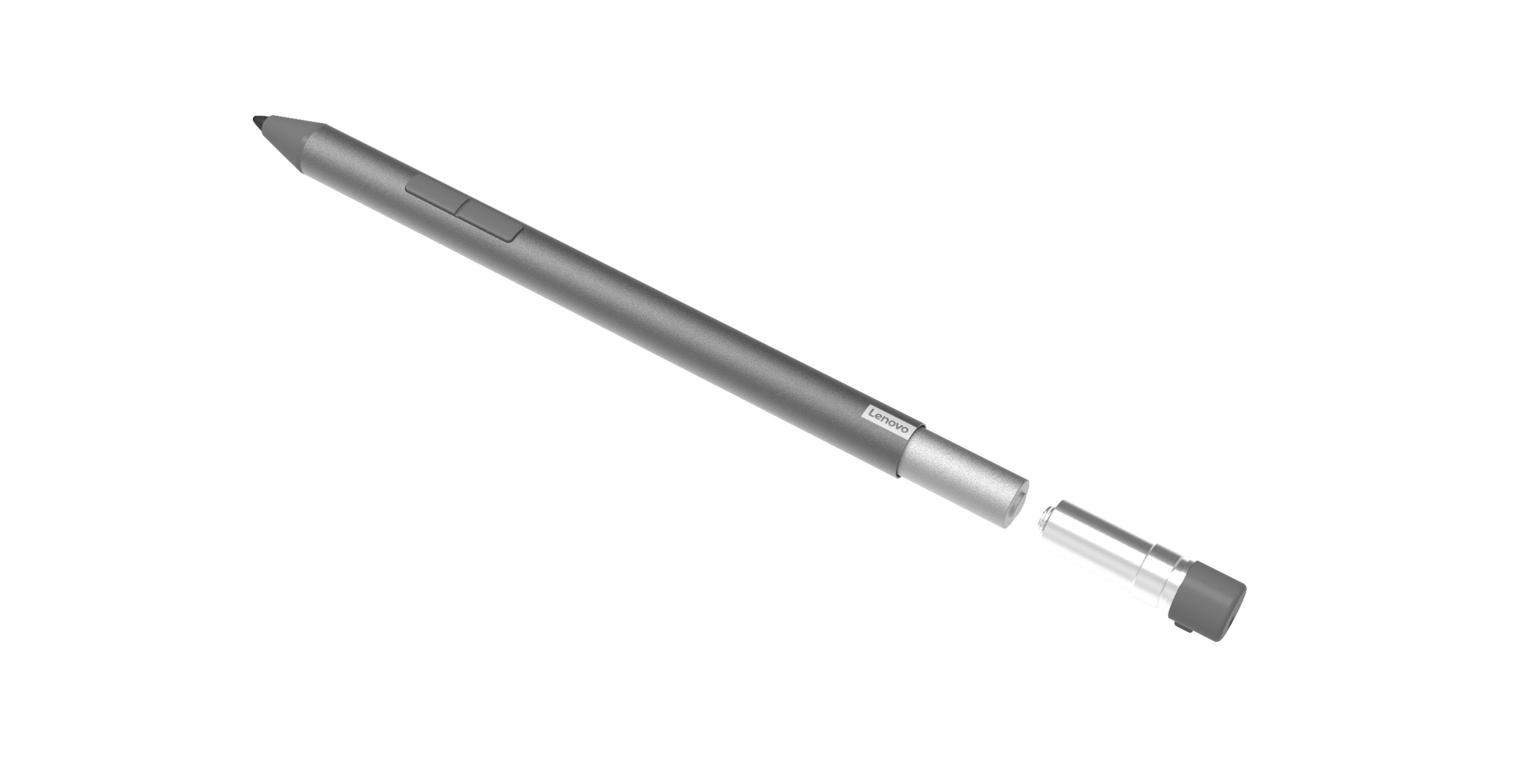 Penna stilo Lenovo grigia, smontata, con punta argentata e pulsante. Sfondo bianco.