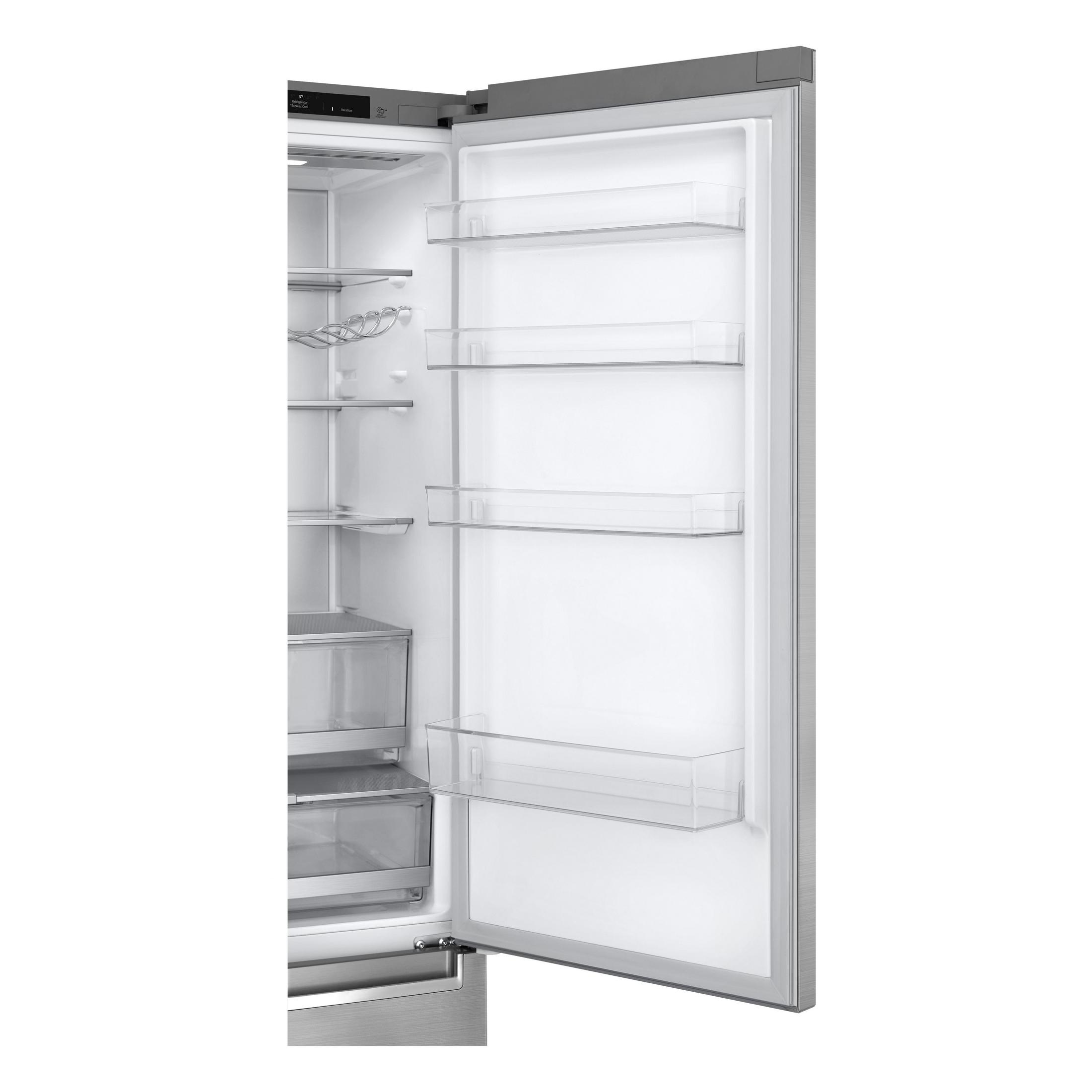 Frigorifero in acciaio inox aperto con ripiani in vetro. Interno bianco, porta a destra.