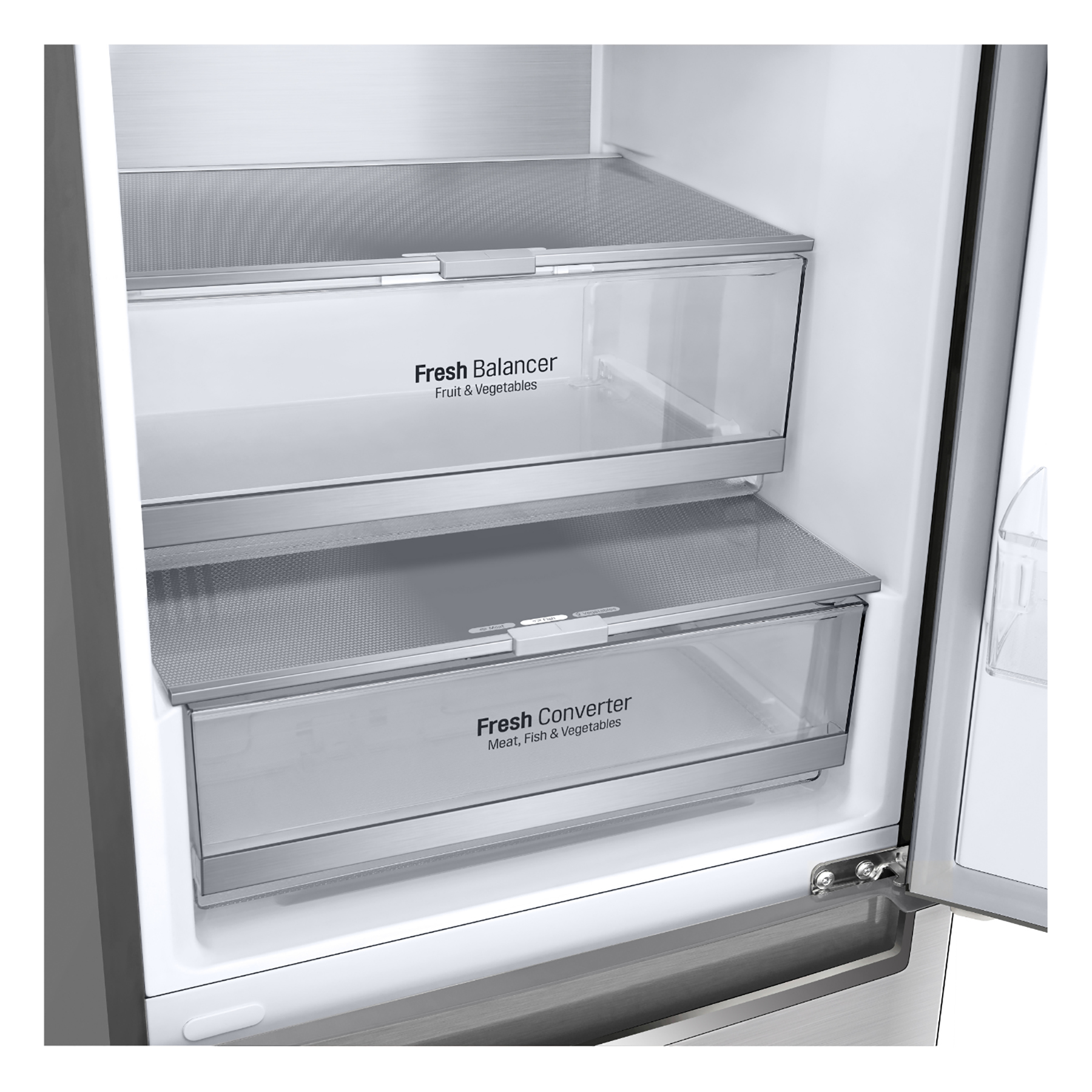 Interno del frigorifero con due cassetti trasparenti con etichetta 'Fresh Balancer' e 'Fresh Converter'.