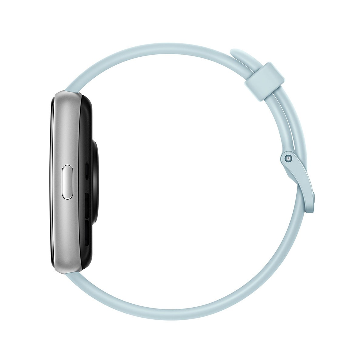 Smartwatch azzurro chiaro con cinturino abbinato, profilo laterale.