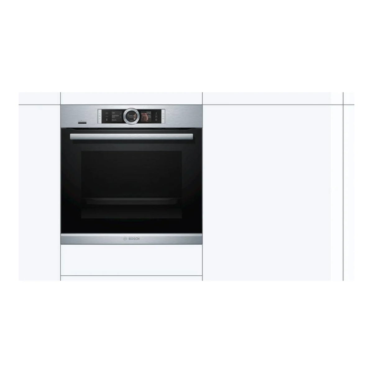 A built-in oven in a white kitchen. Stainless steel details. The oven is closed.