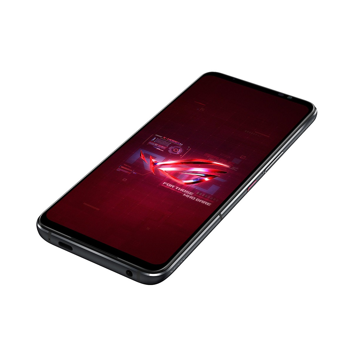Smartphone noir avec écran éclairé en rouge, affichant un logo et du texte de jeu, sur fond blanc.