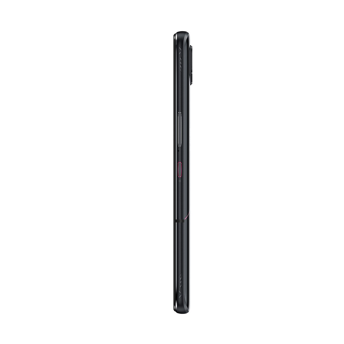 Vue latérale d'un smartphone noir avec bouton d'alimentation rouge. Fond propre.