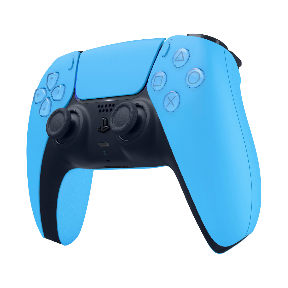 Jasnoniebieski i czarny kontroler PS5 z typowymi przyciskami i joystickami.