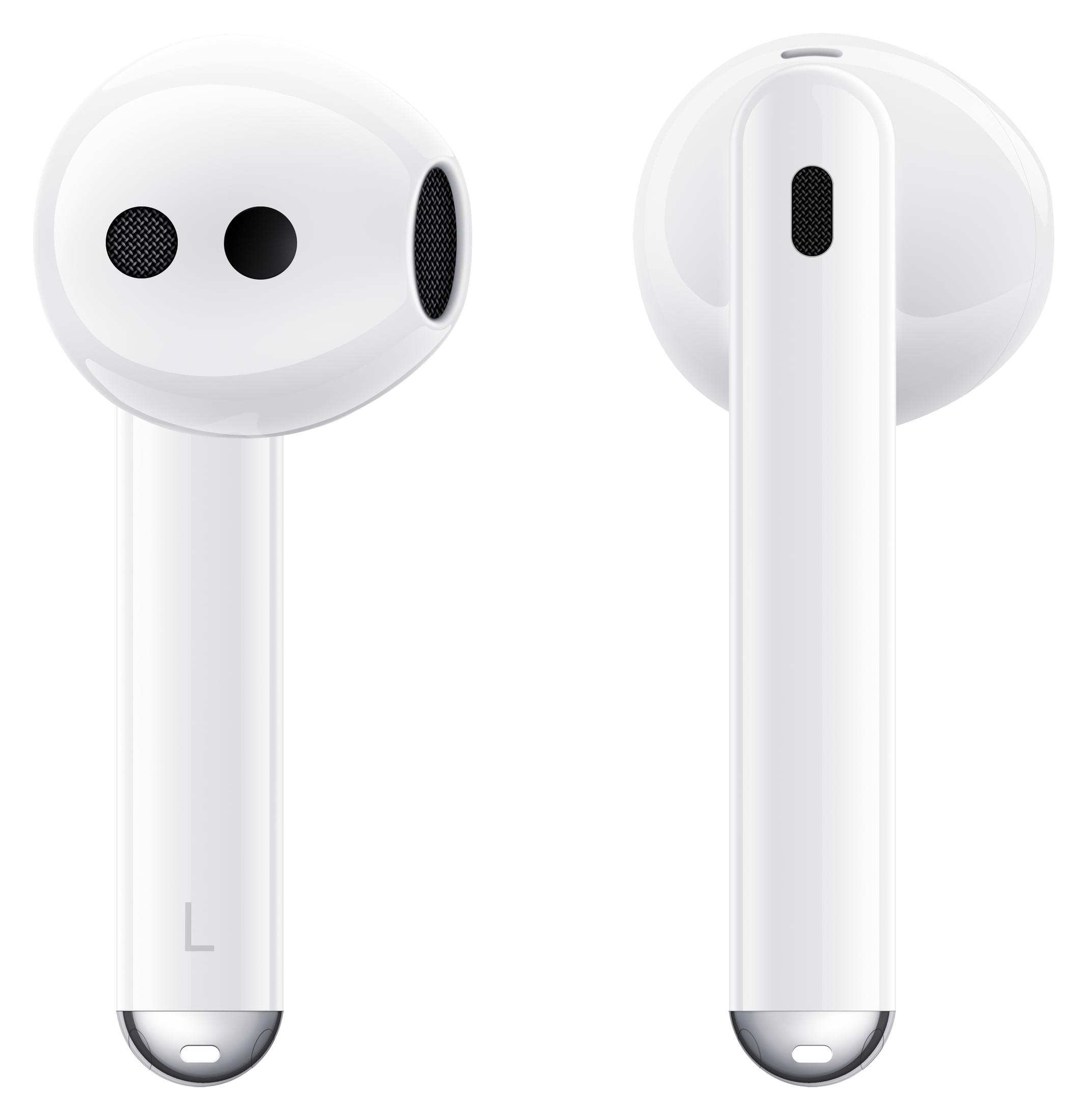 Białe bezprzewodowe słuchawki douszne, widok z boku. Jeden pokazuje słuchawkę, drugi trzon z literą L dla lewej.