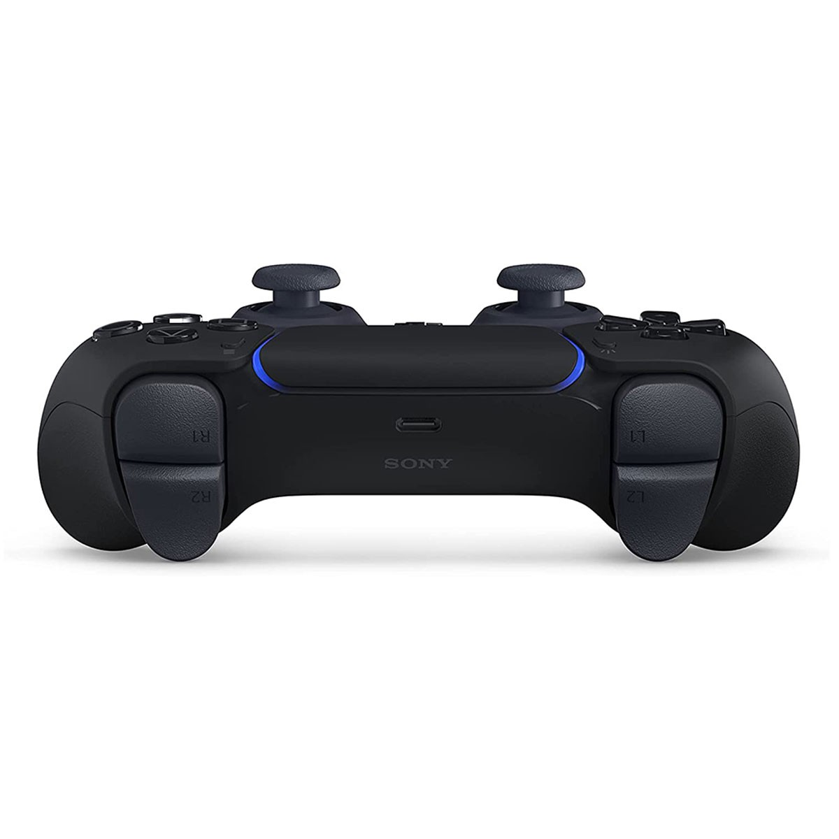 Un mando negro de PlayStation 5, visto desde atrás. El logotipo de Sony está en el centro.