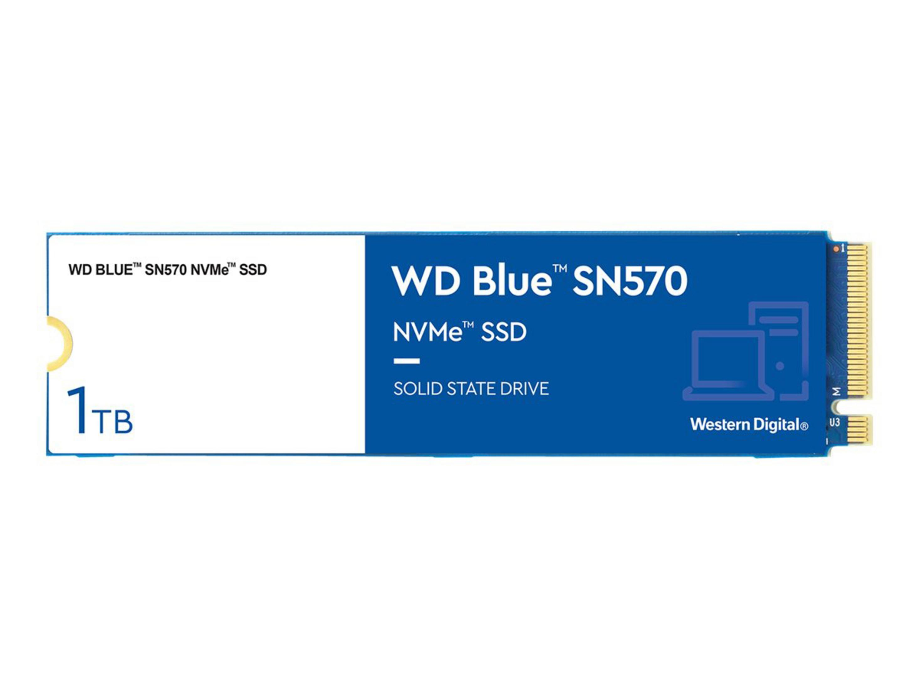 WD Blue SN570 NVMe SSD. Niebiesko-czarny. Pojemność 1TB. Białe tło.