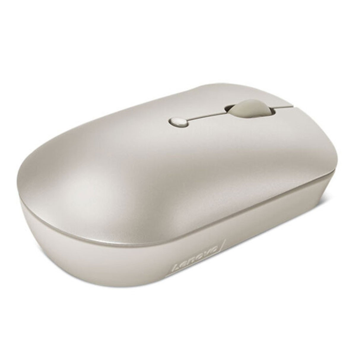 Beżowa bezprzewodowa mysz Lenovo na białej powierzchni. Widok z góry.