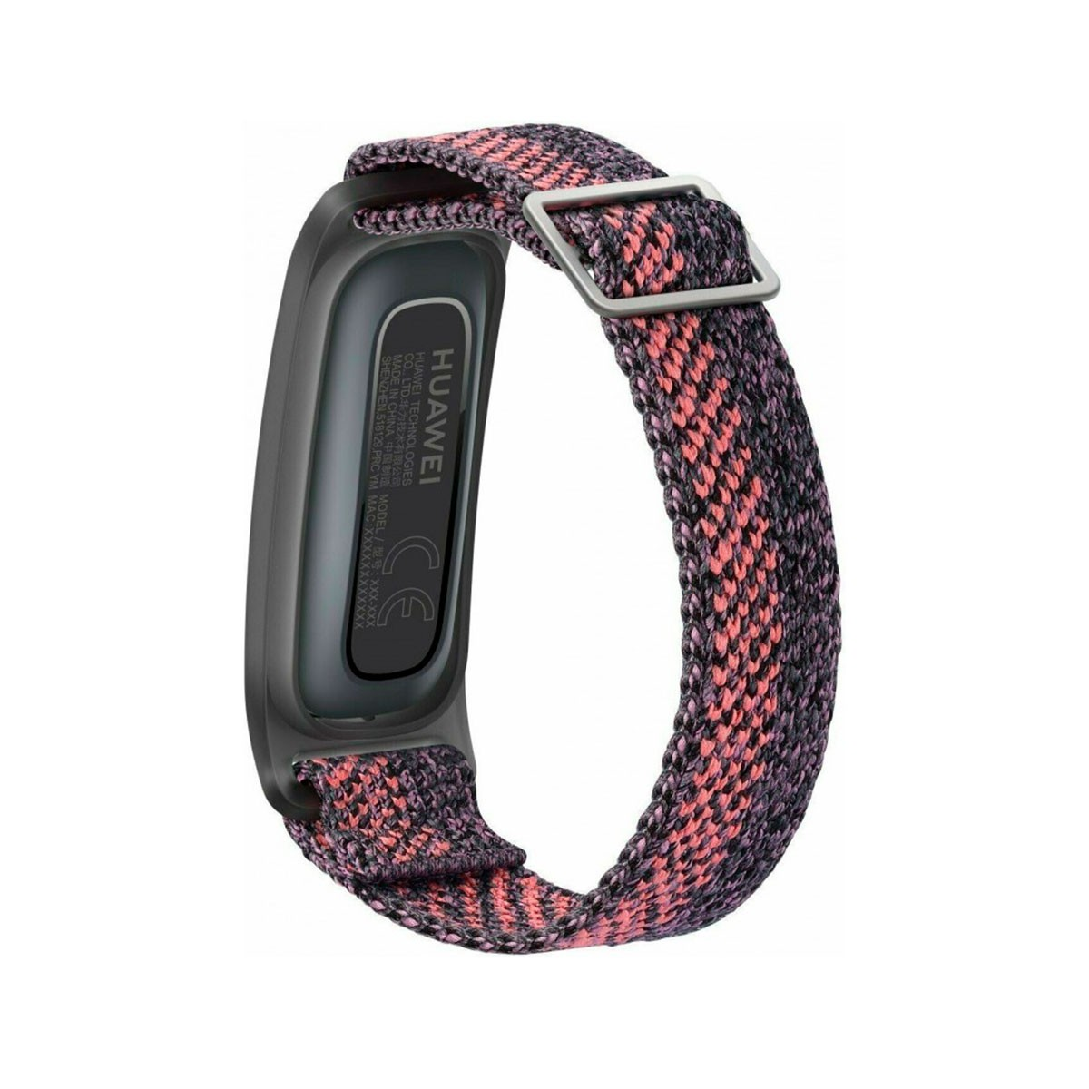 Una pulsera inteligente Huawei negra con correa estampada. Sobre fondo blanco.