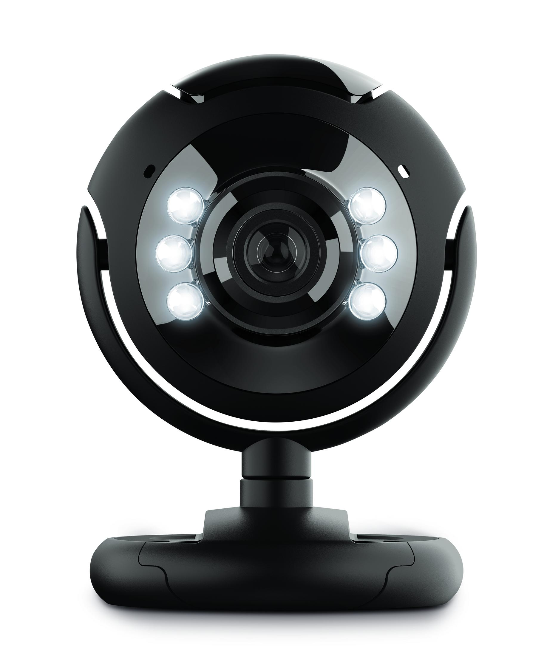 Schwarze Webcam mit 6 weißen Lichtern um die Linse. Sie hat eine runde Form.