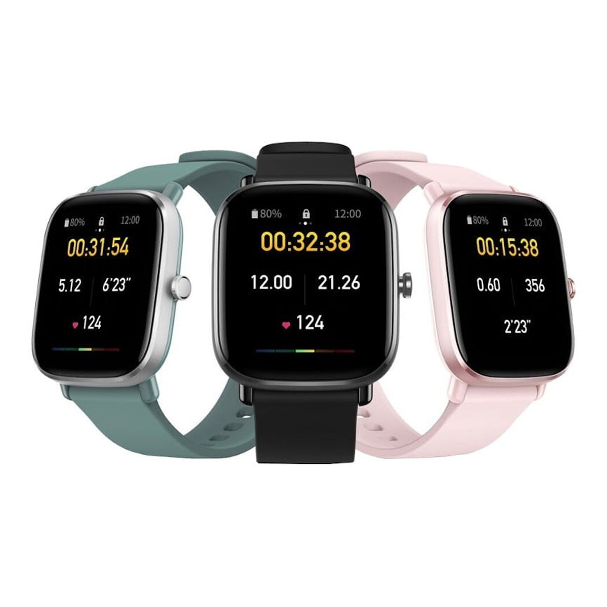 Tre smartwatch con diversi cinturini. Ogni orologio mostra l'ora, il livello della batteria e le statistiche.