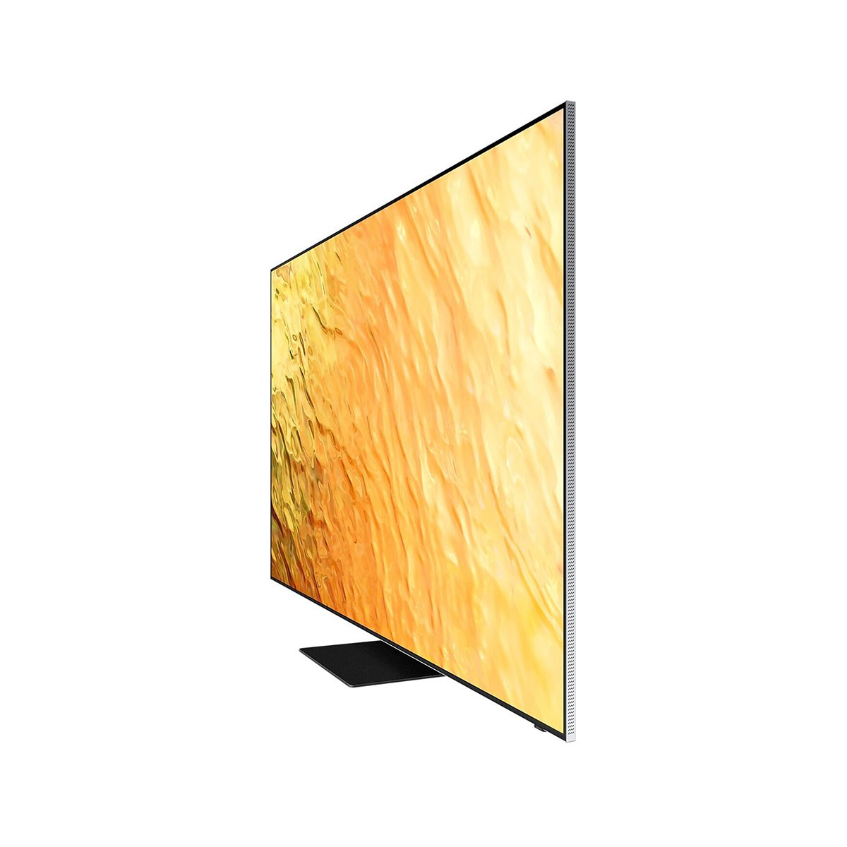 Vista lateral de una pantalla de TV amarillo-dorado, con soporte negro.