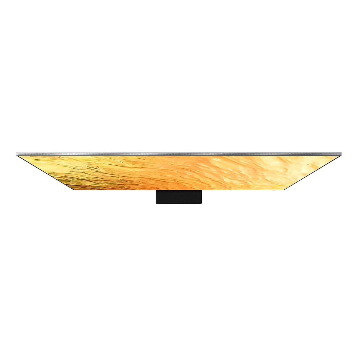 Vista superior de un televisor amarillo con base negra. La pantalla muestra un color dorado. Fondo blanco.