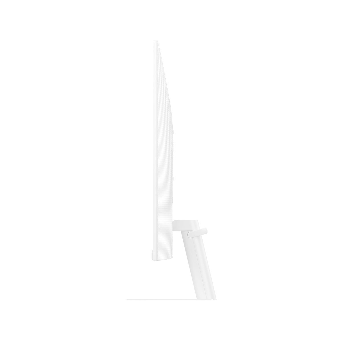 Un monitor per computer bianco visto di lato, che mostra il suo profilo sottile e il supporto.