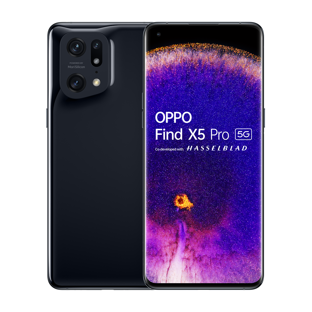 Telefono Oppo Find X5 Pro 5G nero con un design della fotocamera unico. La parte anteriore mostra lo schermo.