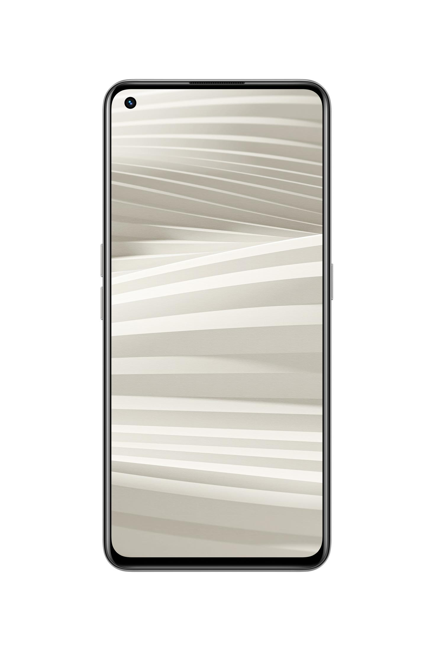 Schwarzes Smartphone mit einem Bildschirm, der ein abstraktes beiges Muster anzeigt, auf weißem Hintergrund.