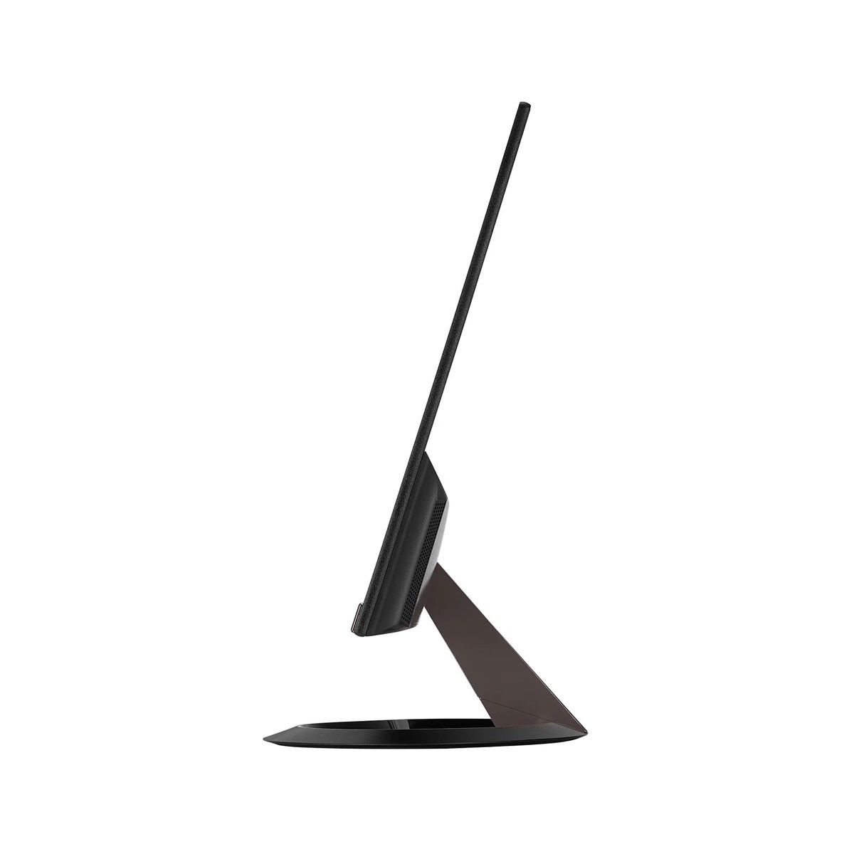 Monitor del computer. Vista laterale. Cornice nera con supporto marrone.