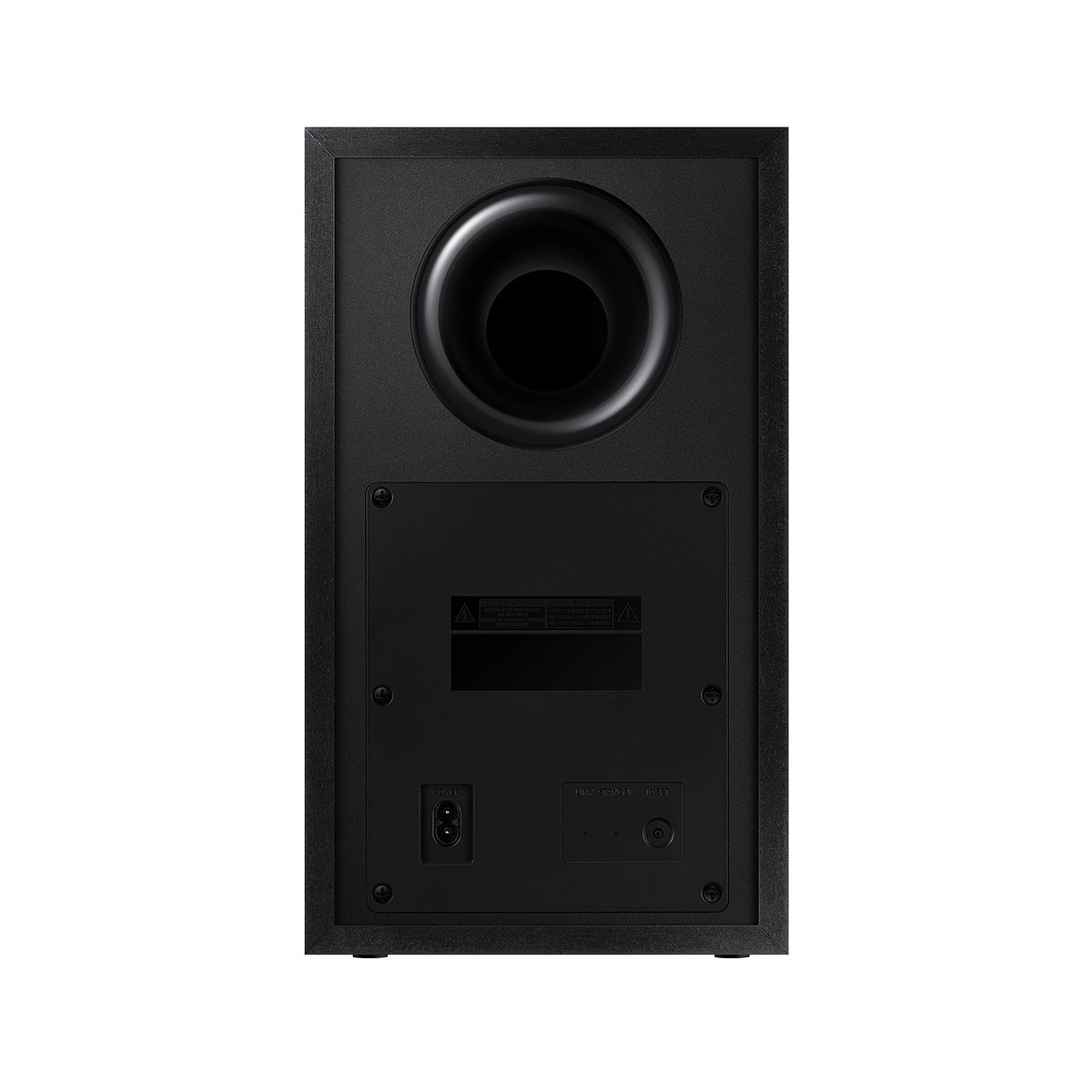 Czarny głośnik niskotonowy. Widok z tyłu z dużym okrągłym portem i portami połączeniowymi.