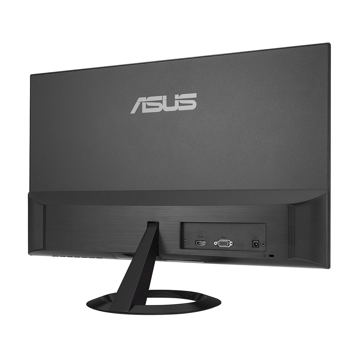 Monitor ASUS nero, vista posteriore, che mostra porte e supporto. Sfondo scuro.