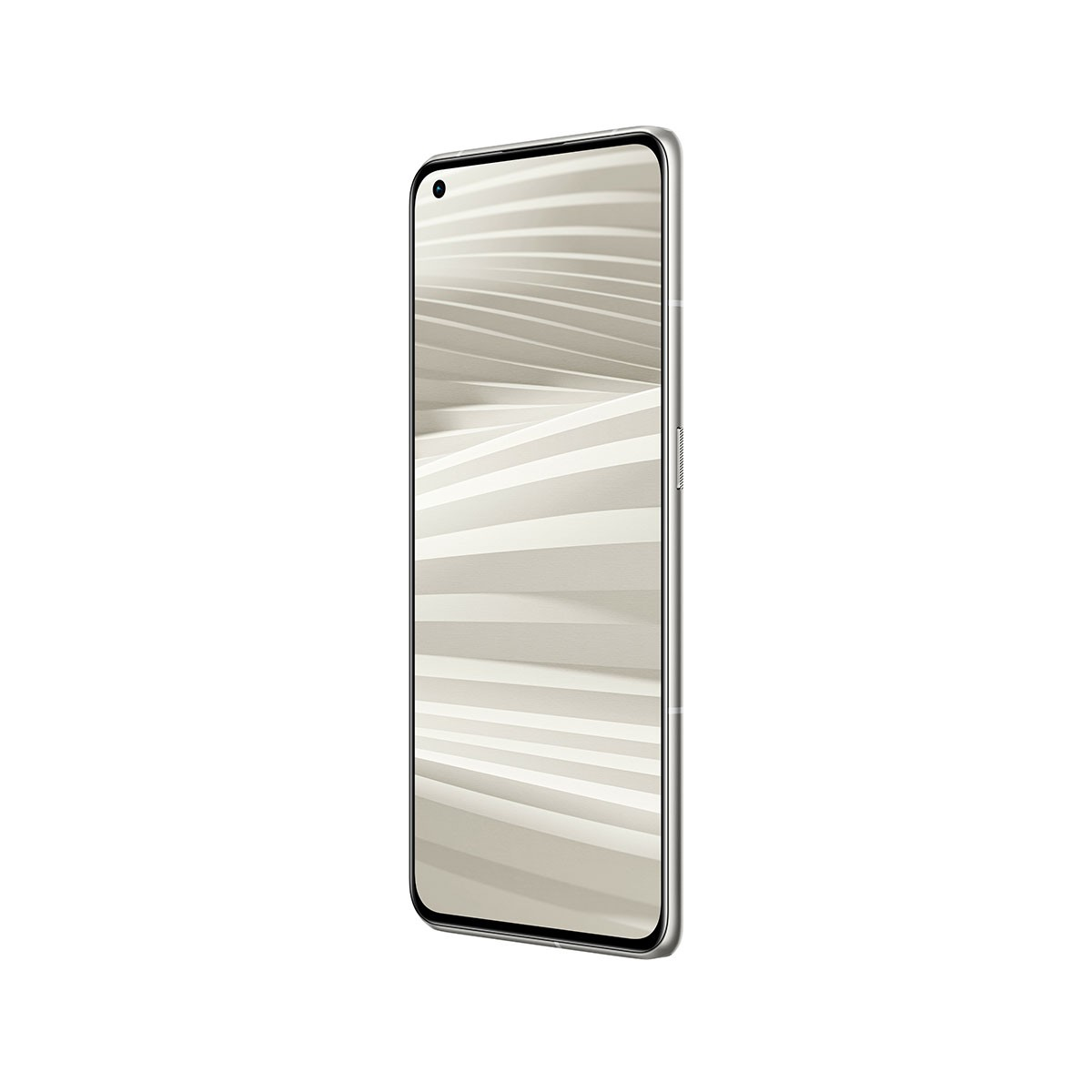 Silbernes Smartphone auf weißem Hintergrund, Bildschirm zeigt abstrakte beige Linien.