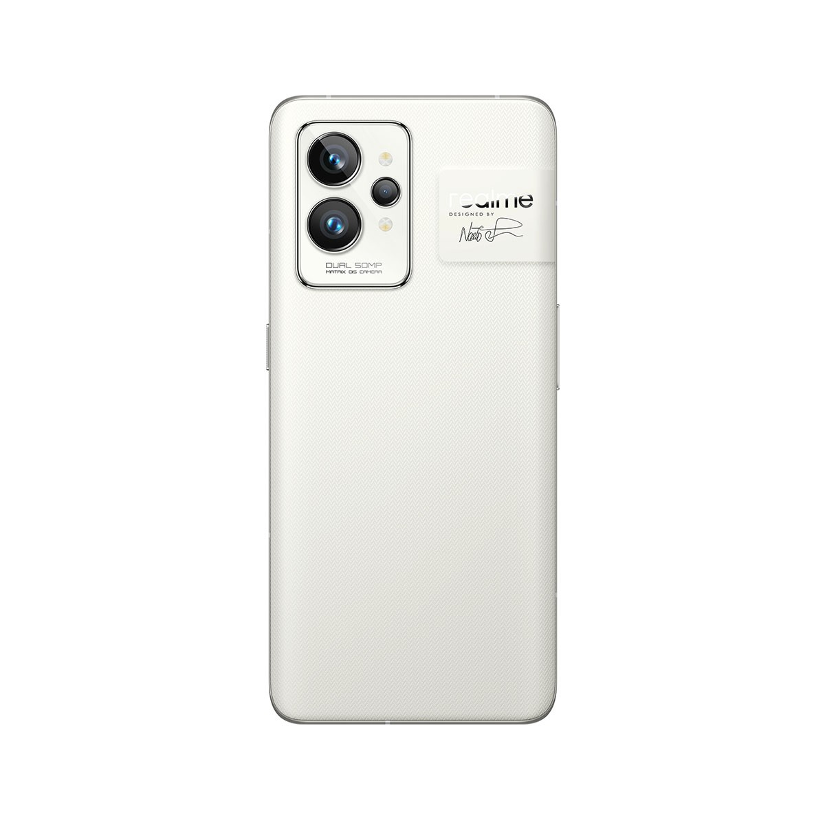 Weiße Smartphone-Rückseite mit Dreifachkameras und Unterschrift. Weiß strukturierte Rückseite.