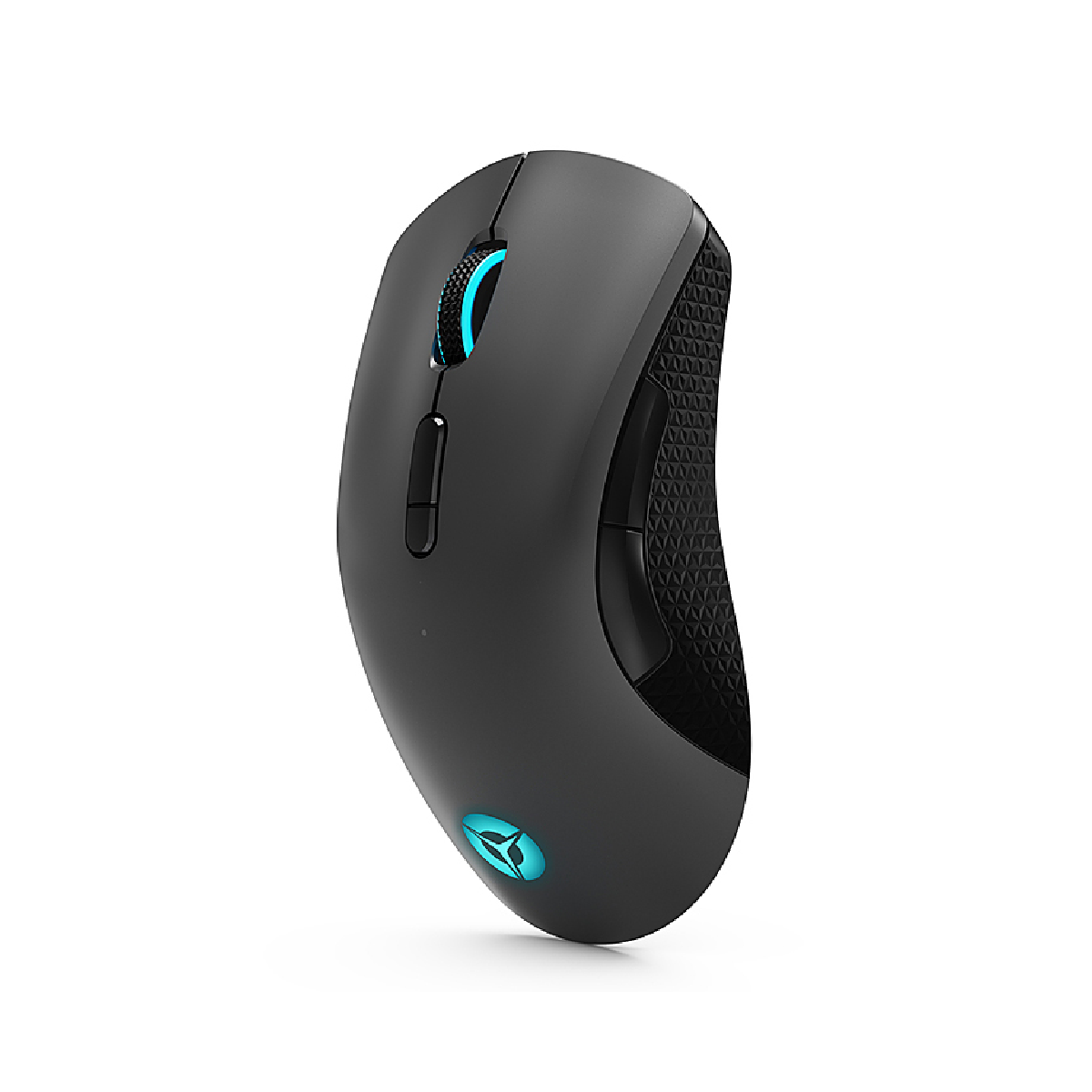 A black gaming mouse with blue lights. The mouse has a few buttons and a scroll wheel.