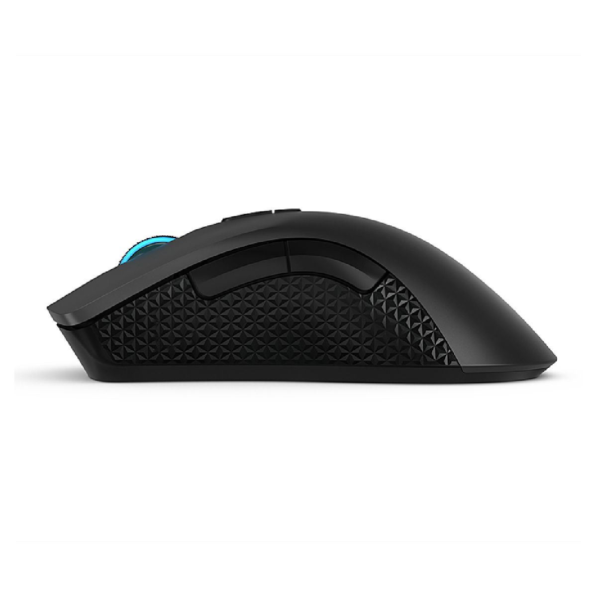 Black gaming mouse with textured grip and illuminated blue scroll wheel. White background.