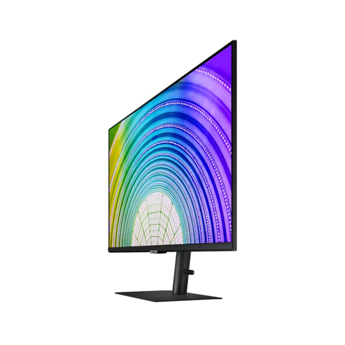 Monitor de ordenador, vista lateral. Base y marco negros, la pantalla muestra un gradiente abstracto y colorido.